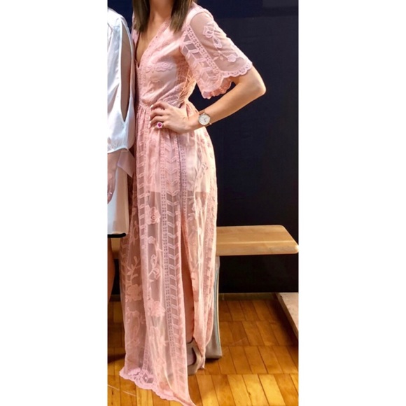 GB Pants - Pink Lace Embroidered Maxi Romper